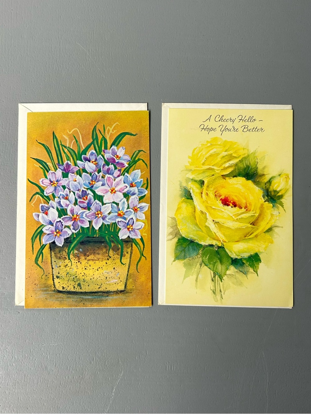 Vintage 1970s Floral Botanical Get Well Cards Lot of 2 Painted Yellow Rose Crocu